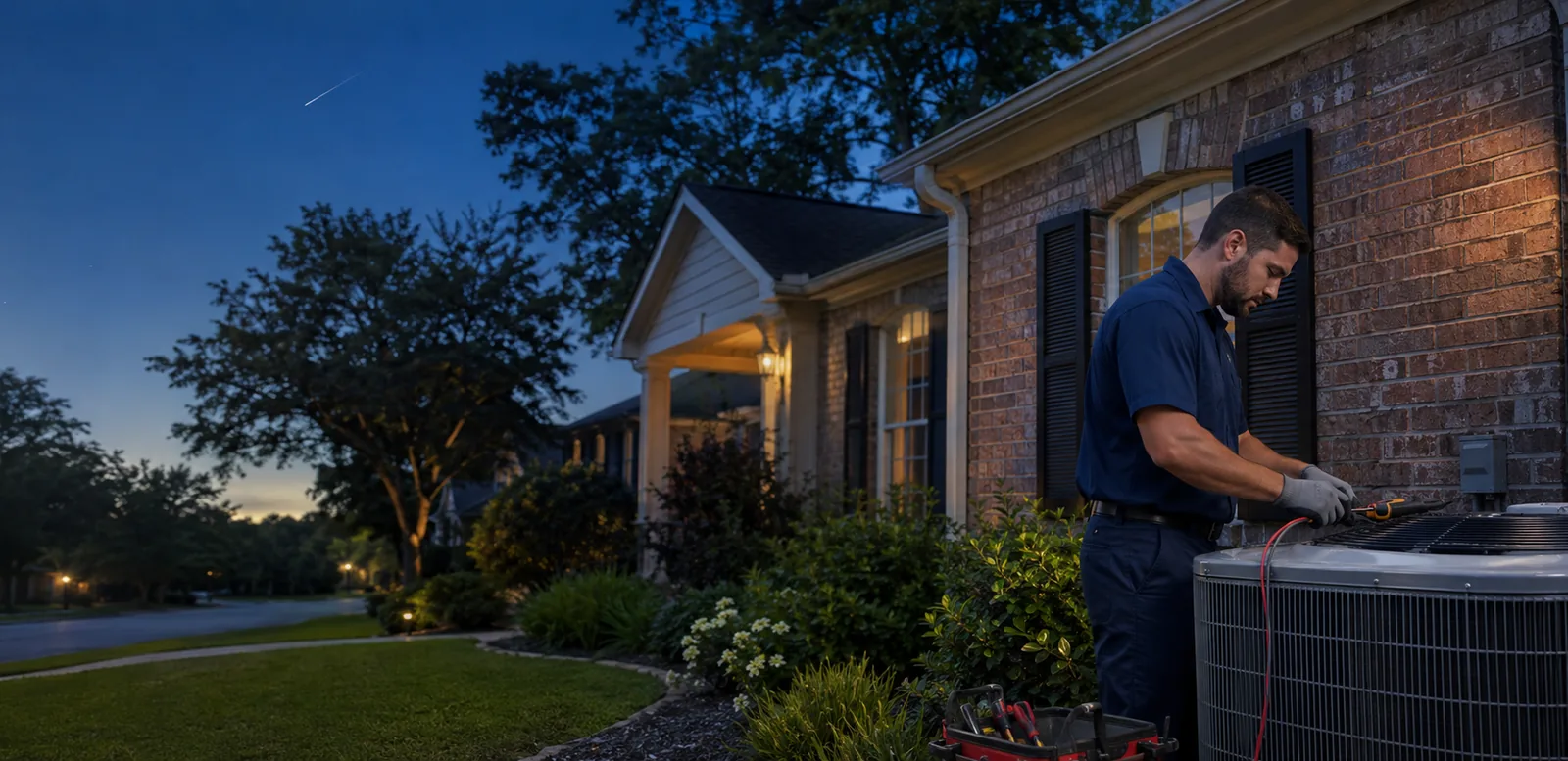 Air conditioning technician servicing an outdoor unit at a Southeast Texas home